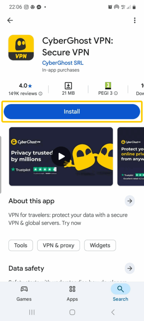 CyberGhost VPN app page in the Google Play Store on Android with the Install button.