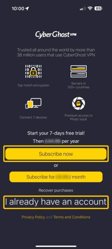 Screenshot showing the CyberGhost VPN subscription screen in the iOS app.