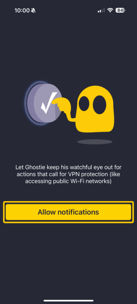 Screenshot showing CyberGhost VPN notification prompt.