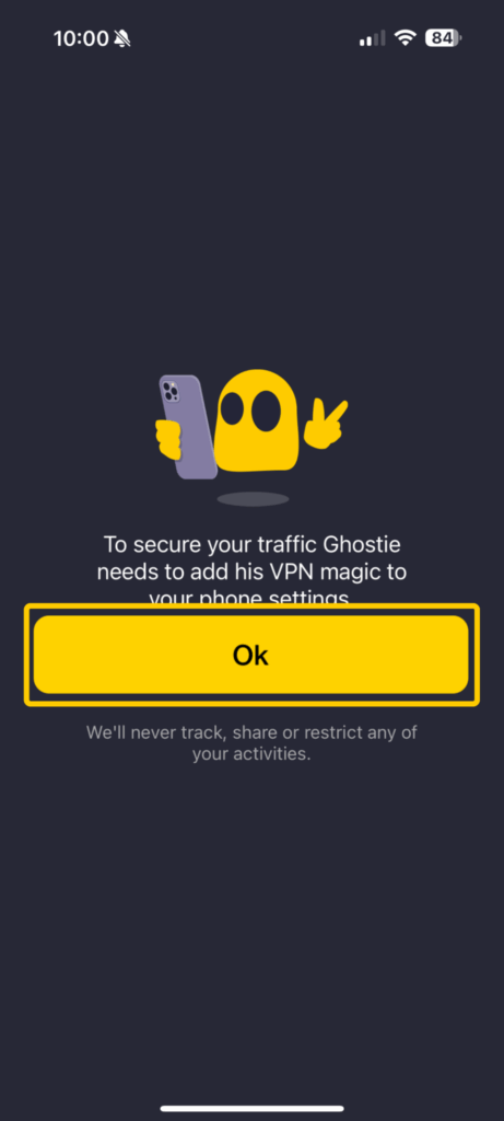 Screenshot showing the CyberGhost VPN permission screen.