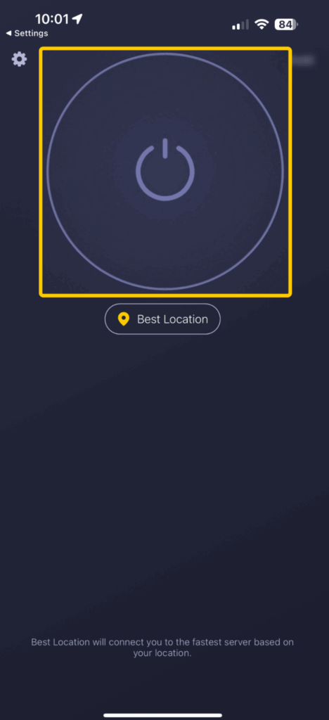 Screenshot showing the main screen on CyberGhost VPN's iPhone app.