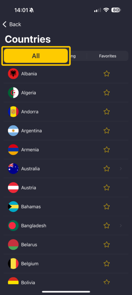 CyberGhost VPN server list on iPhone showing available countries to connect to.