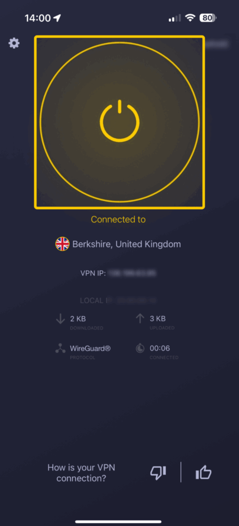 Screenshot showing an active CyberGhost VPN connection with the VPN IP address displayed.
