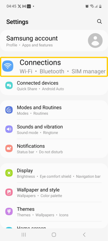 Android Settings menu showing the Connections option.