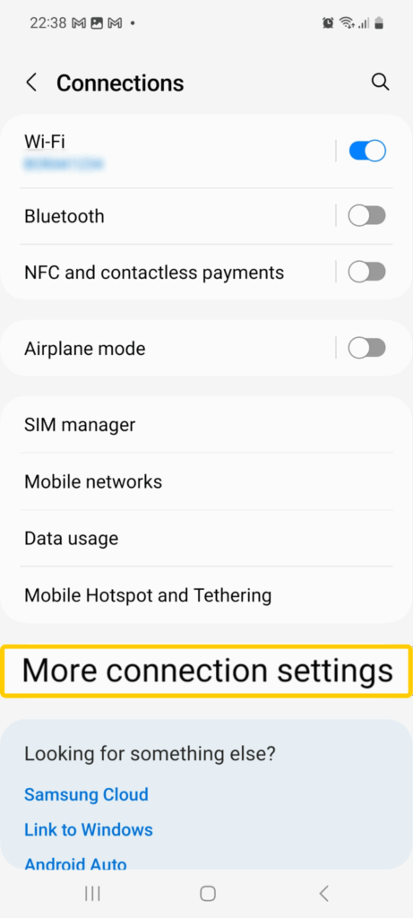 Screenshot showing where to find More Connection Settings on Android