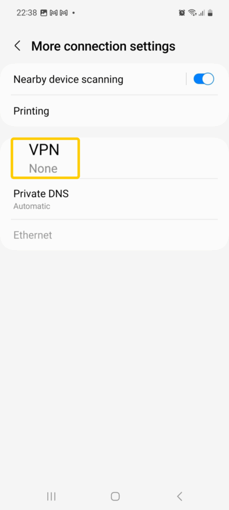 Android More connection settings menu with the VPN option available.