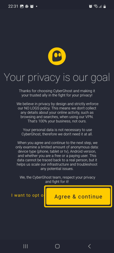 CyberGhost VPN privacy policy screen on Android with the Agree & continue button.