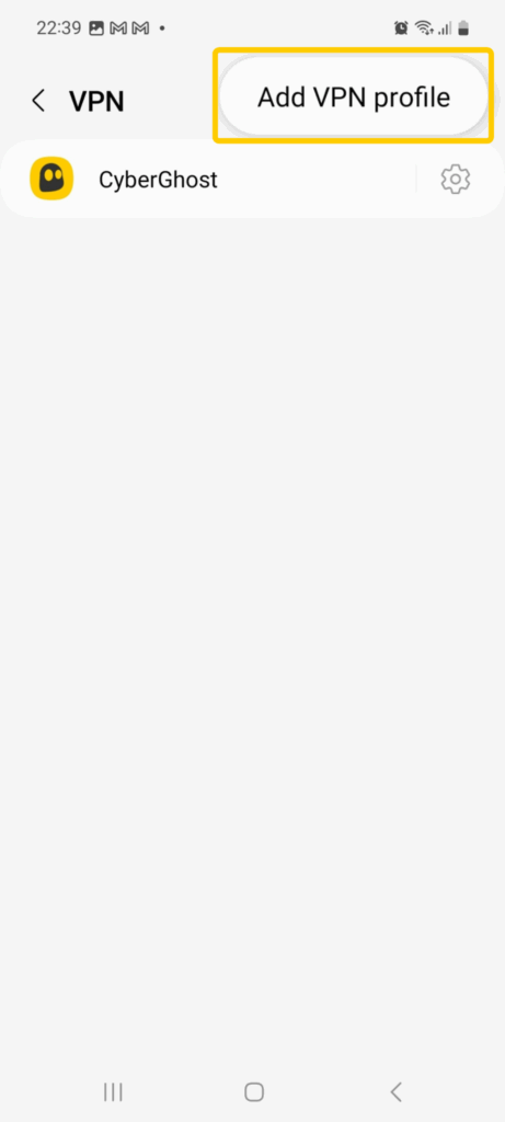 Android VPN settings screen with an option to add a new VPN profile.