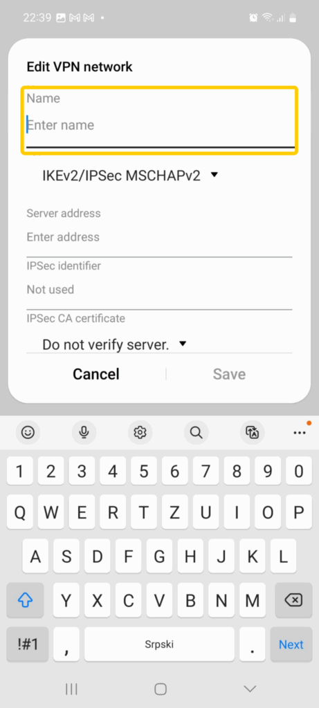 Android screen showing the Edit VPN network menu with a field to enter a name for the VPN.