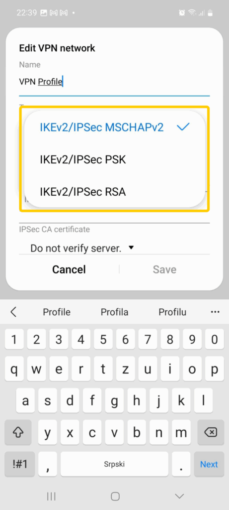 Android screen showing the Edit VPN network menu with a dropdown to select a VPN type, including IKEv2/IPSec MSCHAPv2, IKEv2/IPSec PSK, and IKEv2/IPSec RSA.