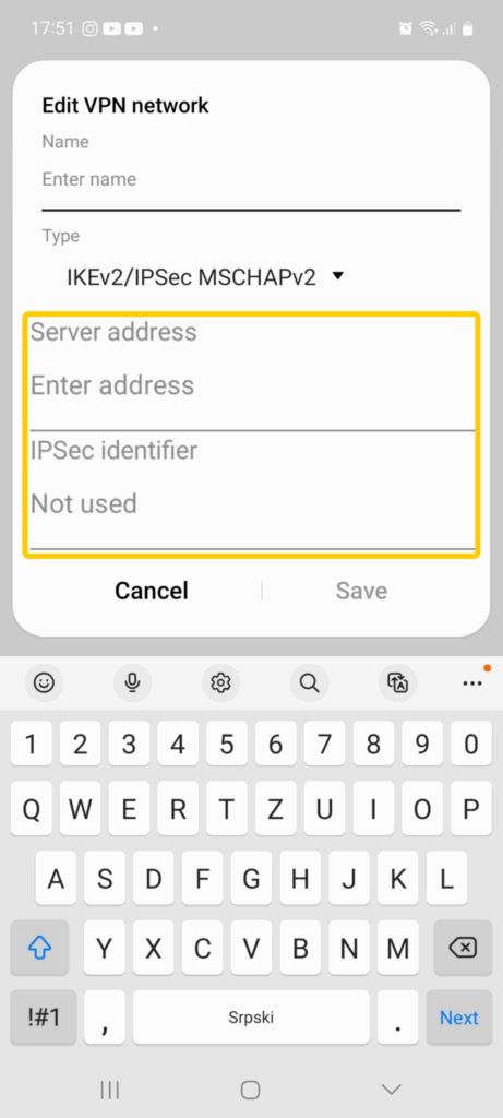 Android screen showing the Edit VPN network menu.