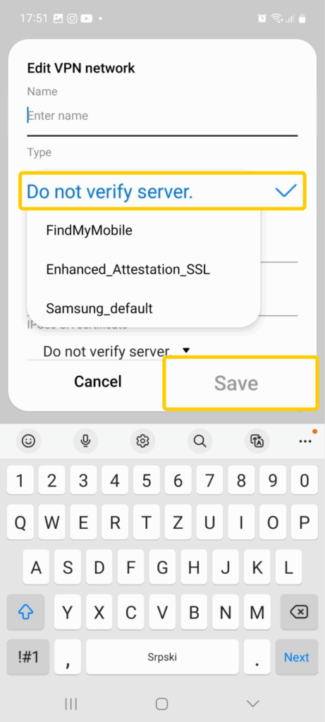 Android screen showing the Edit VPN network menu with the IPSec CA certificate.
