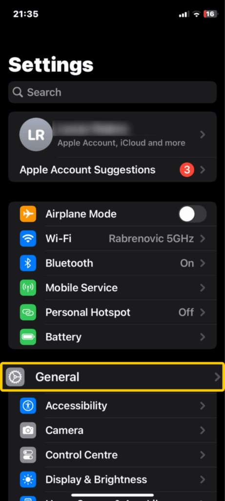 Screenshot of iPhone Settings menu