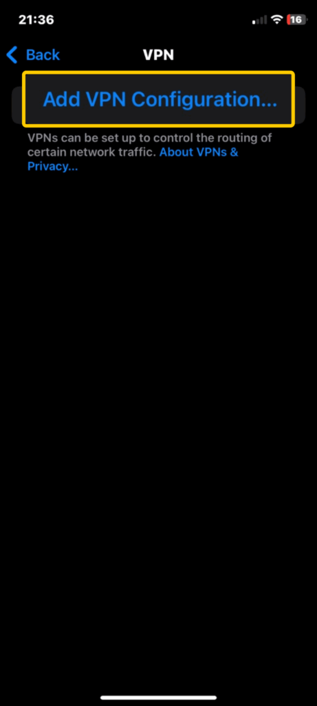 iPhone screen displaying the VPN menu with an option to add a new VPN configuration.