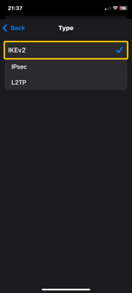 iPhone screen showing the VPN type options, including IKEv2, IPSec, and L2TP, with IKEv2 selected.