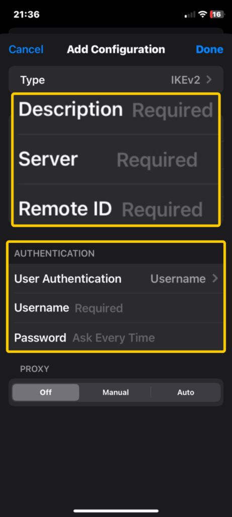 iPhone screen showing the Add Configuration menu for VPN setup, with fields for Description, Server, Remote ID, Username, and Password.