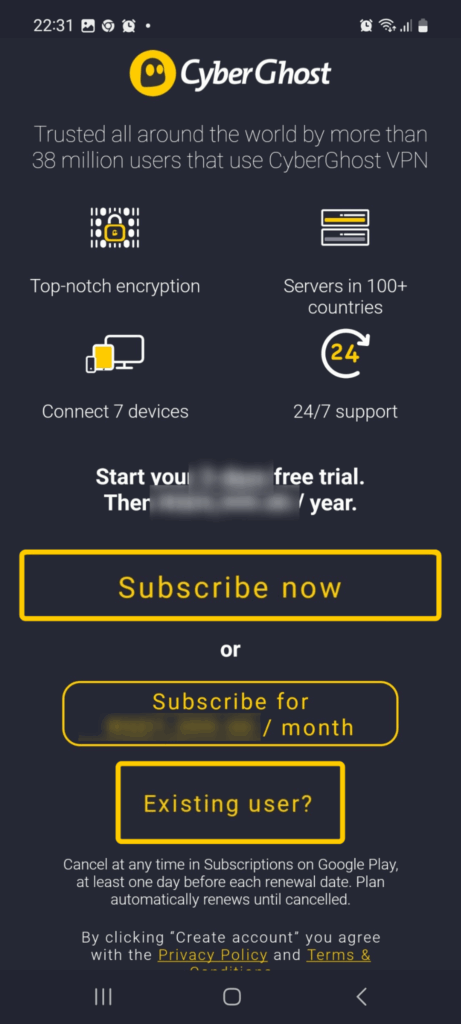 Screenshot showing the CyberGhost VPN subscription screen with options to subscribe or log in as an existing user.