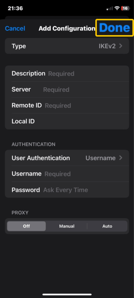 iPhone screen showing the Add Configuration VPN menu.
