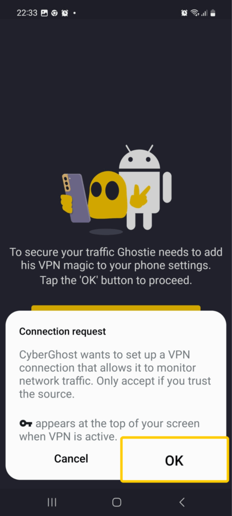 Screenshot showing how to accept CyberGhost VPN connection request on Android.