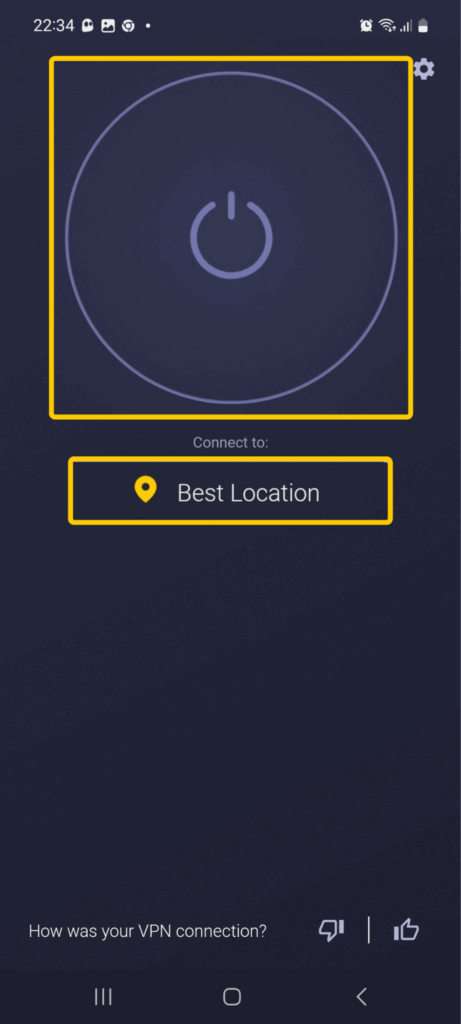 Screenshot of CyberGhost VPN Android app showing a large power button and Best Location server option.