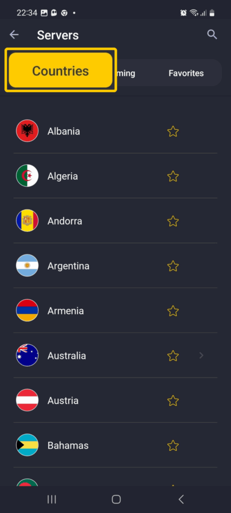 CyberGhost VPN server list displaying available countries to choose from.