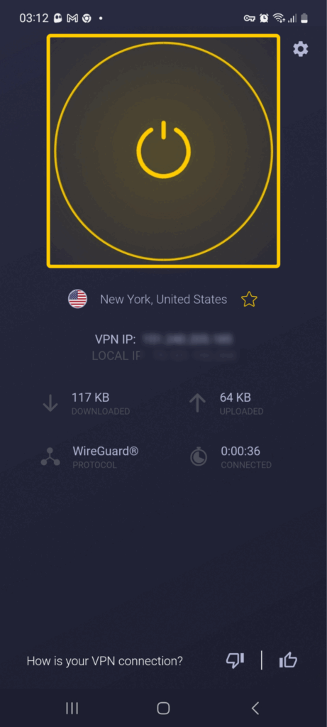 Screenshot showing an active CyberGhost VPN connection to New York, with a VPN IP address displayed.