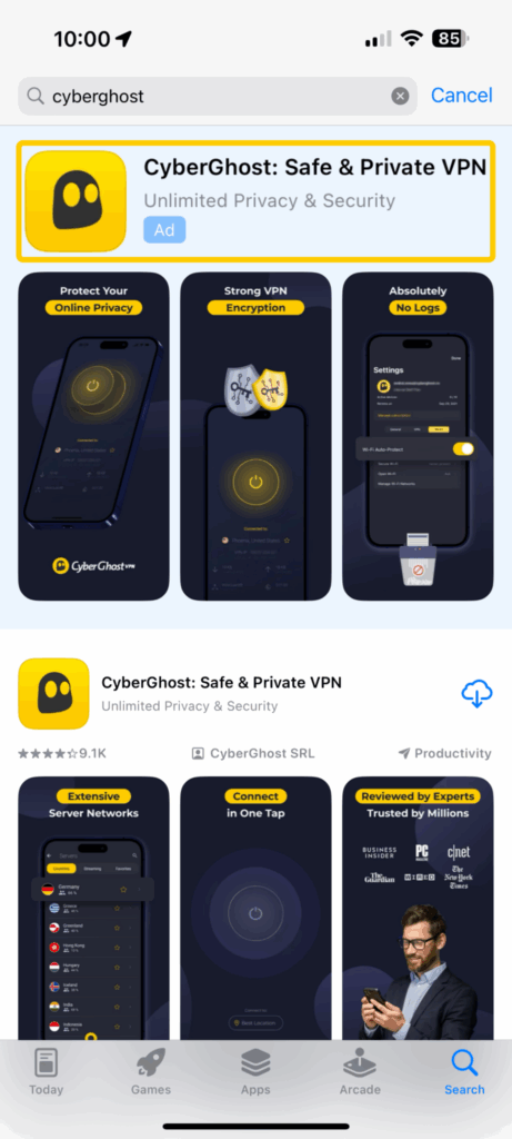 Screenshot highlighting CyberGhost VPN in the App Store.
