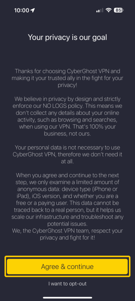 CyberGhost VPN privacy policy screen on iPhone with the Agree & continue button.