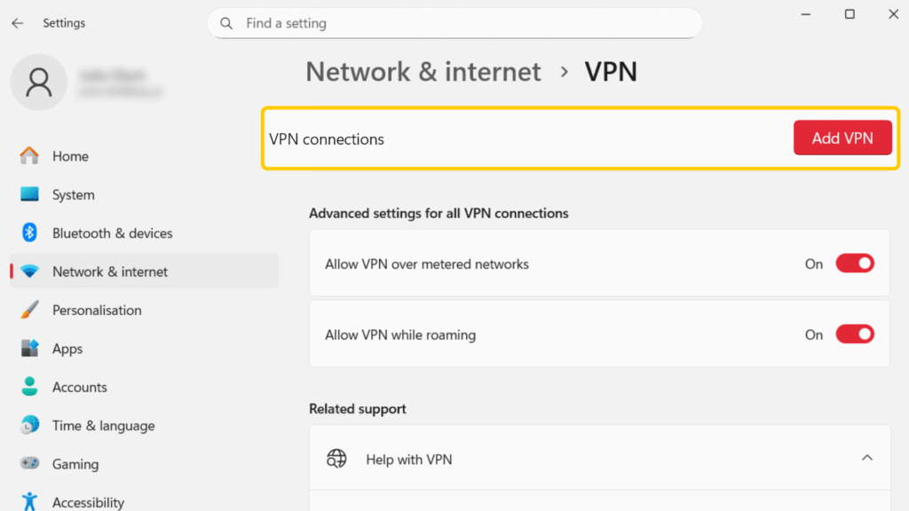 The Windows Settings app open, showing the VPN screen where you can start adding a new connection.