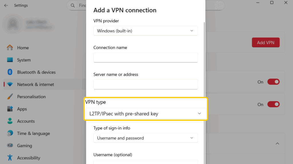 Adding a new VPN connection on Windows, with a highlight box showing the VPN type field.