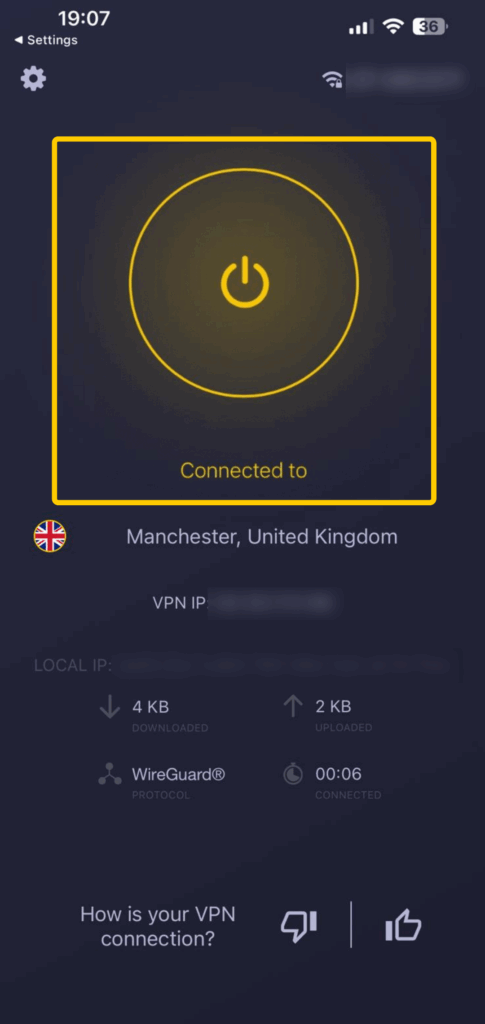 Screenshot highlighting the Connect button turned on in the CyberGhost VPN iOS app
