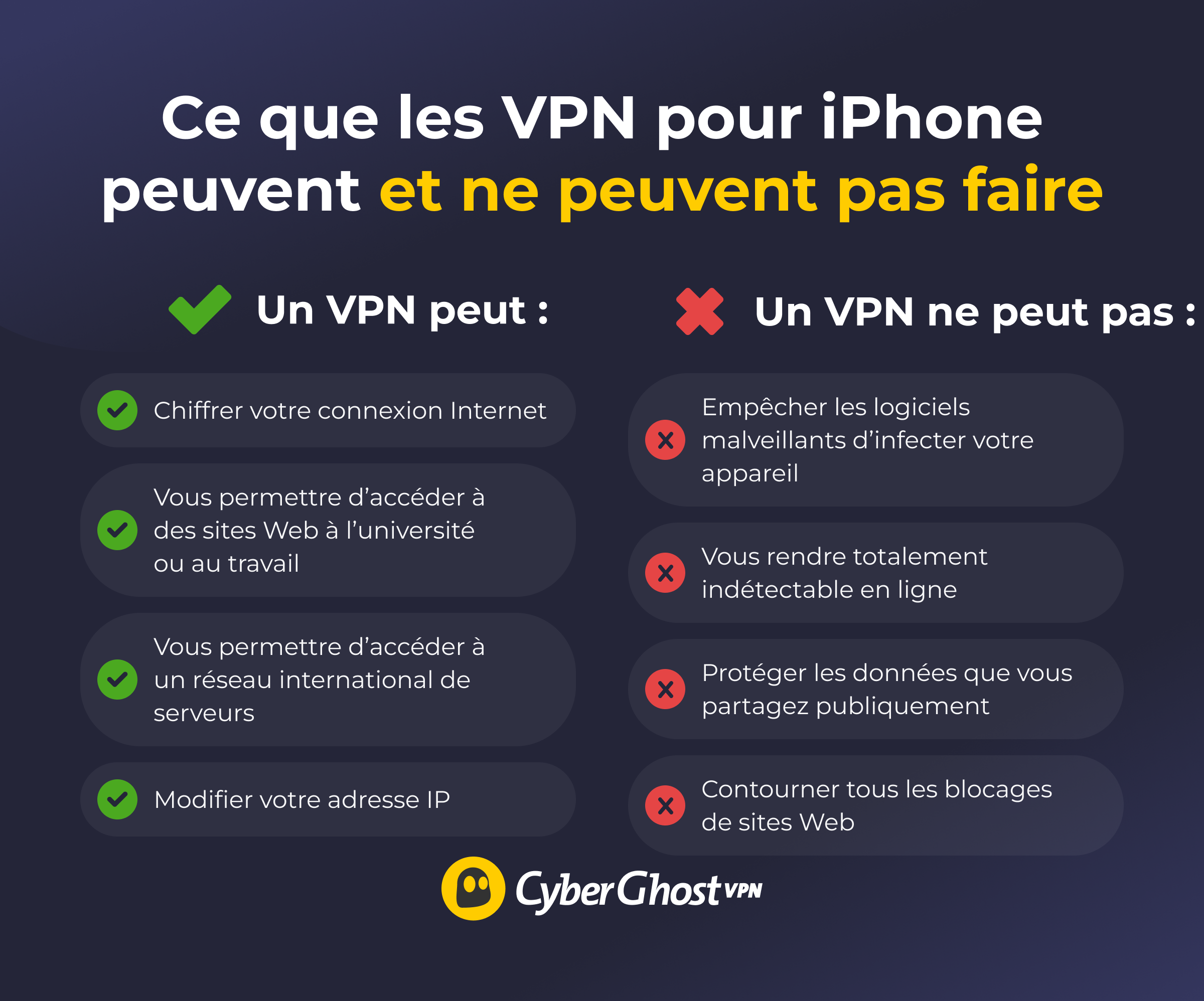 Infographie présentant les capacités et les limites des VPN
