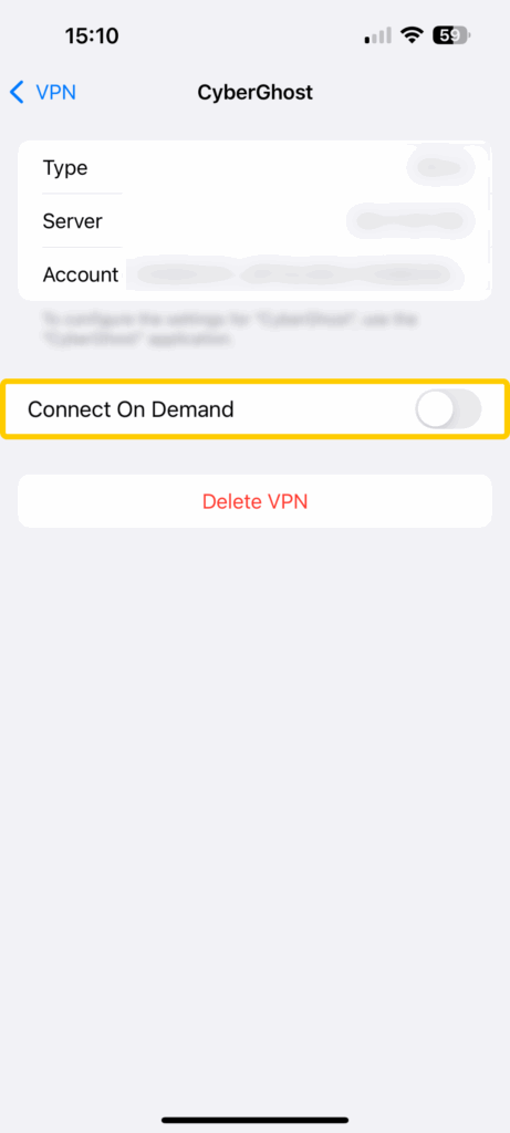 Captura de pantalla de una pestaña de conexión VPN en iOS, con el icono “Conectar por petición” desactivado y resaltado.