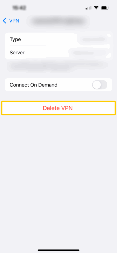 Captura de pantalla deun perfil de VPN en iOS, con la opción