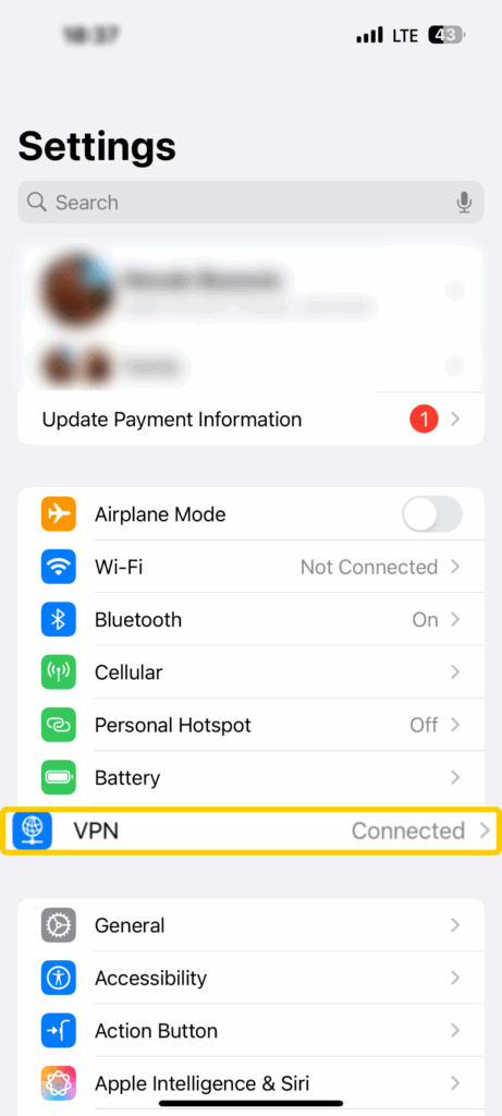 Captura de pantalla de la app Ajustes en iOS, con la pestaña