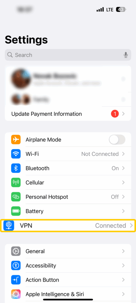 Captura de pantalla de la app Ajustes en iOS, con la pestaña
