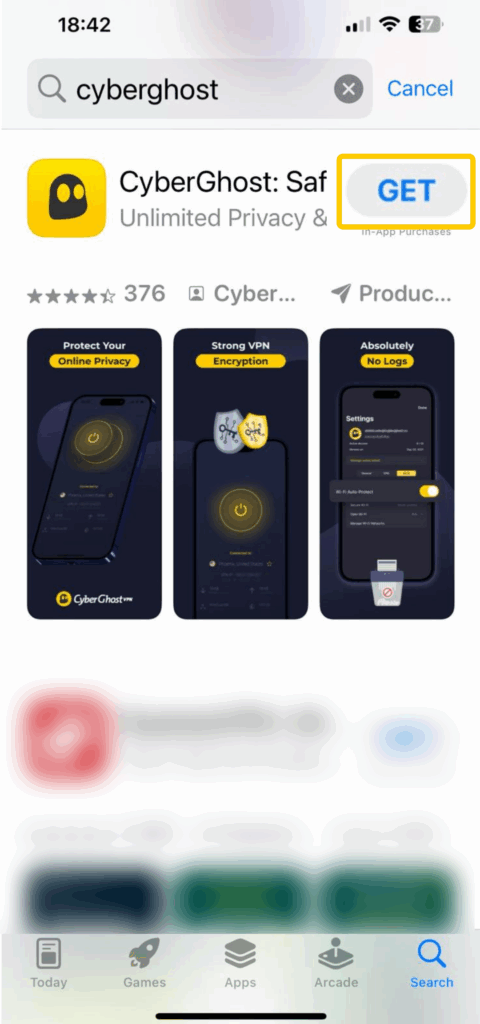 Screenshot of CyberGhost VPN in the App Store