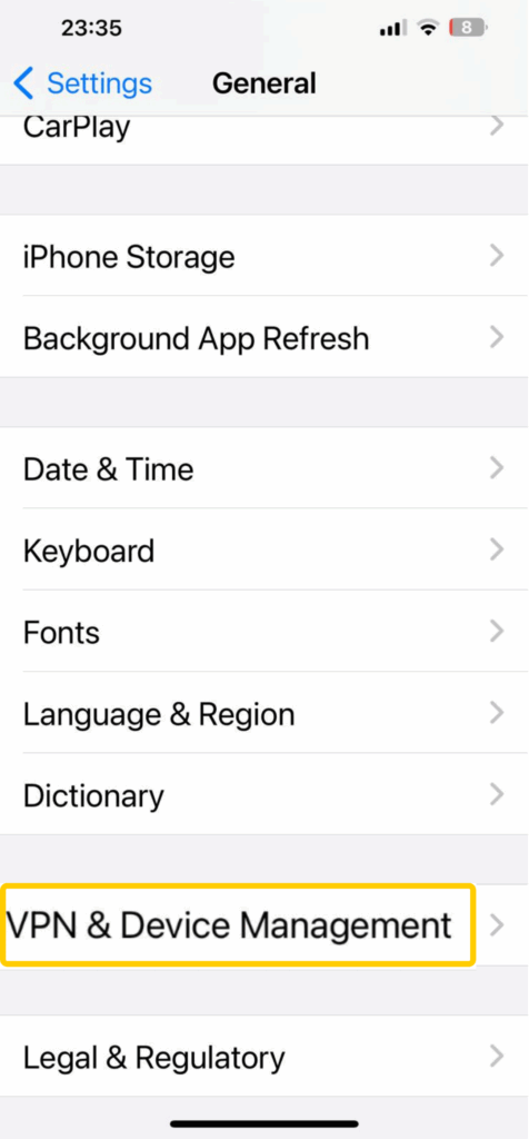 Schermafbeelding van VPN- en apparaatbeheerinstellingen op iPhone