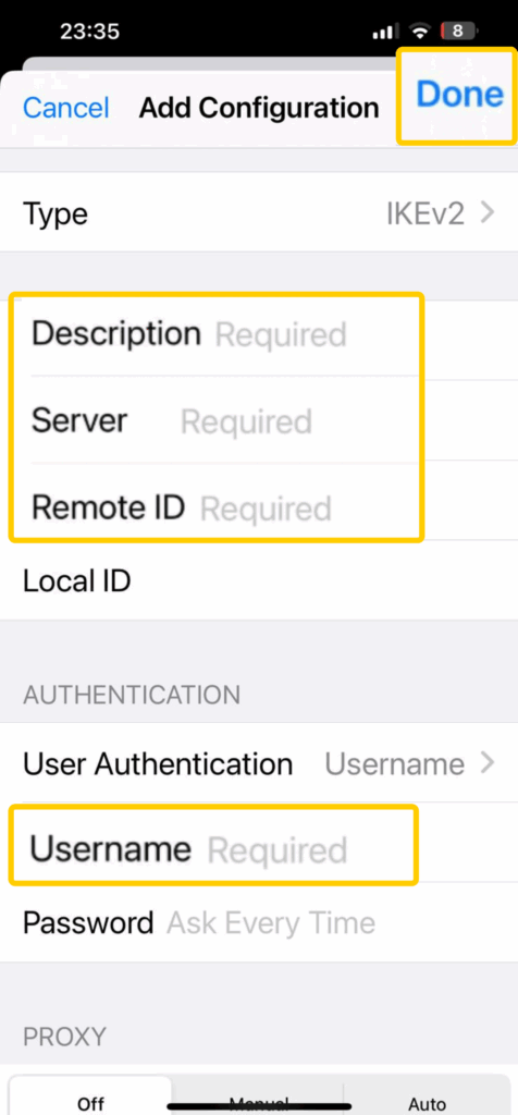 Schermafbeelding van VPN-configuratie-instellingen op iPhone