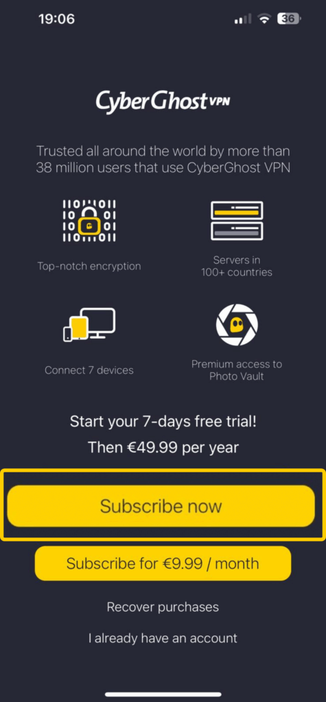 Schermafbeelding van abonnementsopties in de CyberGhost VPN iOS-app