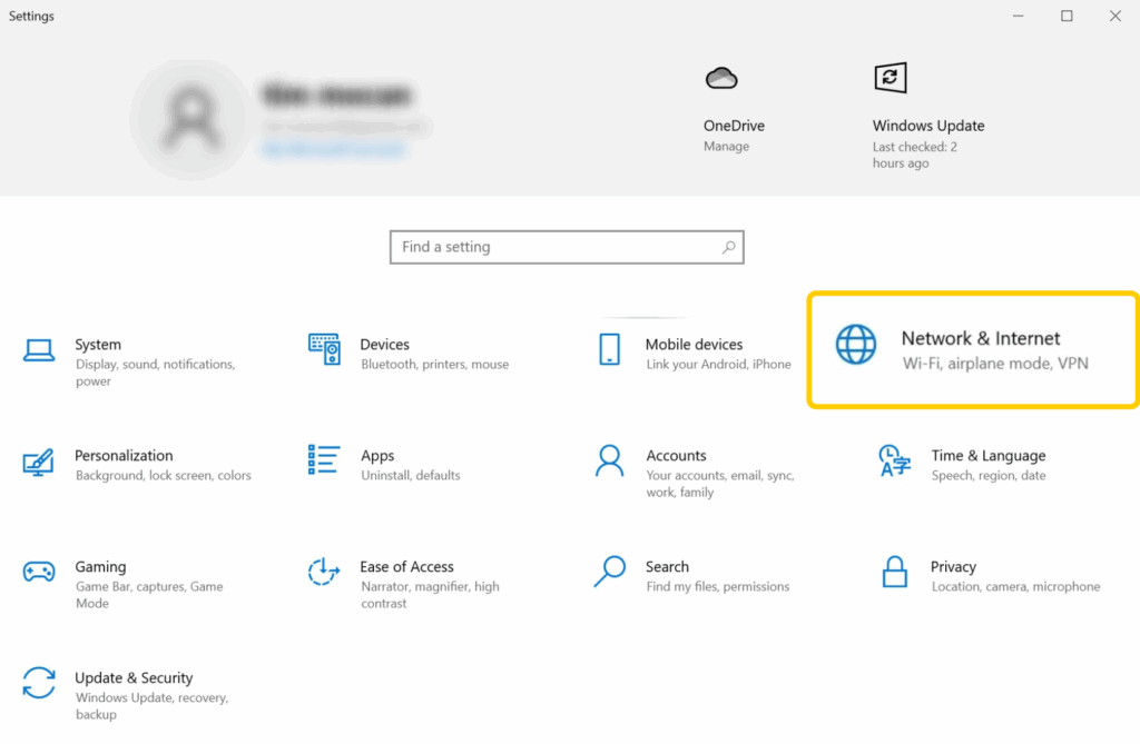 A screenshot of the "Setting" app on Windows 10, with the "Network & Internet" option enlarged and highlighted.