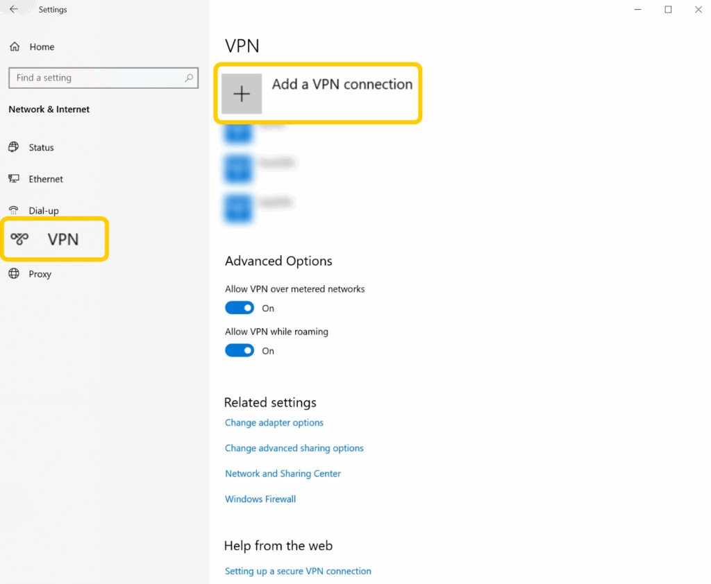 A screenshot of the VPN settings menu on Windows 10, with the "VPN tab and "Add a VPN connection" options highlighted.