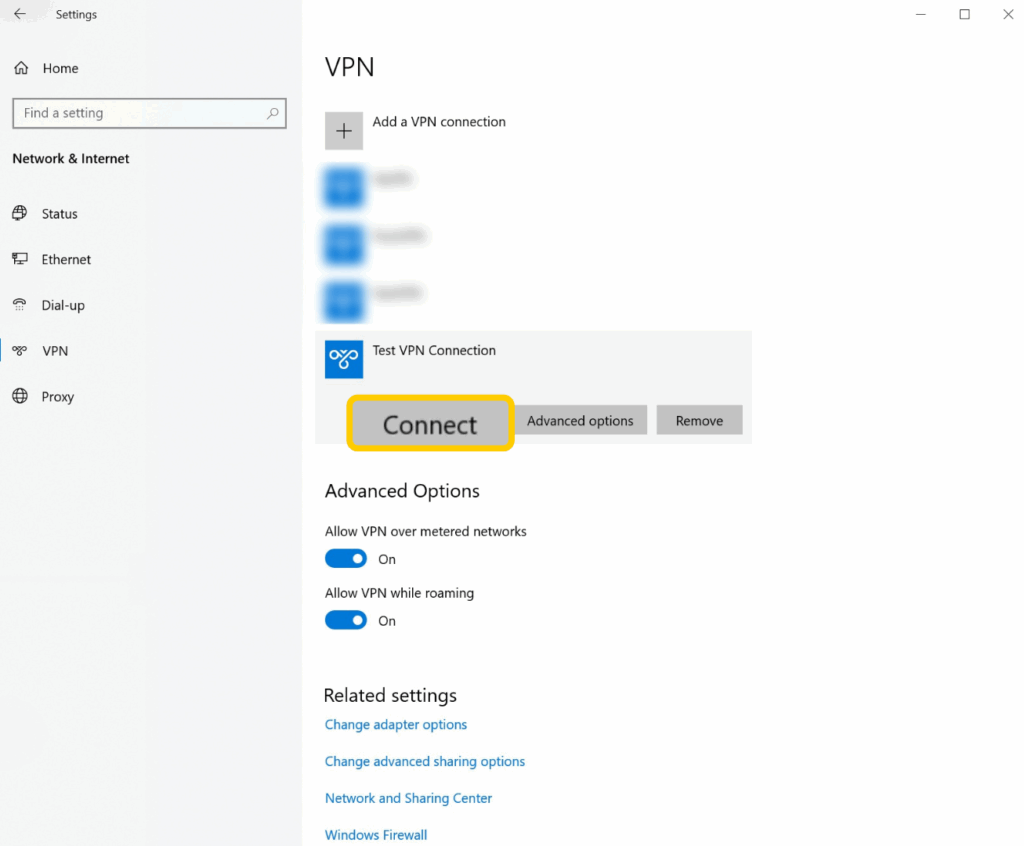 A screenshot of the VPN settings menu on Windows 10, with the "Connect" button for a VPN connection highlighted.