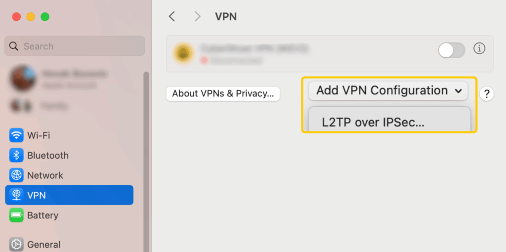 Adding a new L2TP connection manually on macOS.