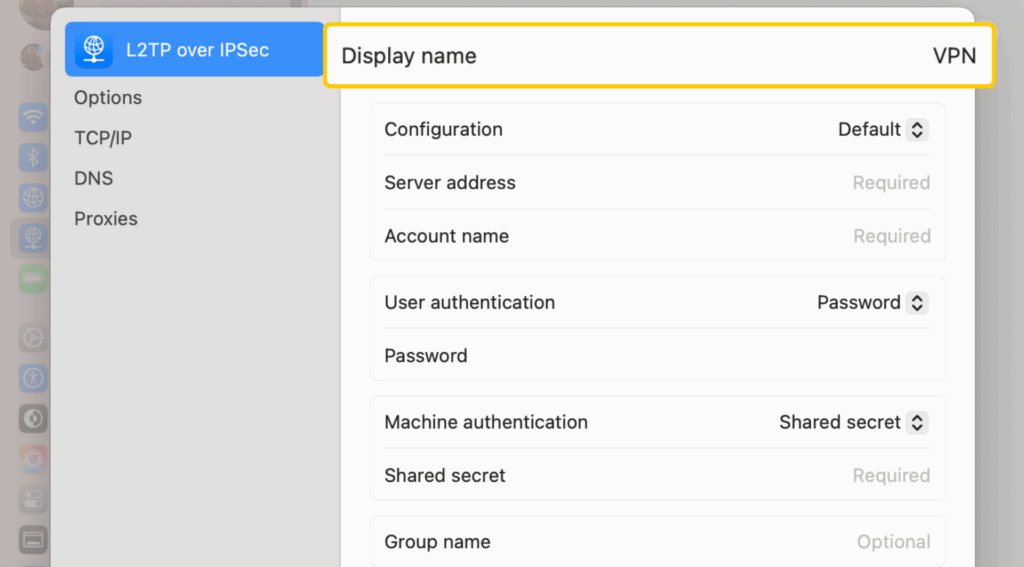 Adding a name for a new VPN connection on Mac.