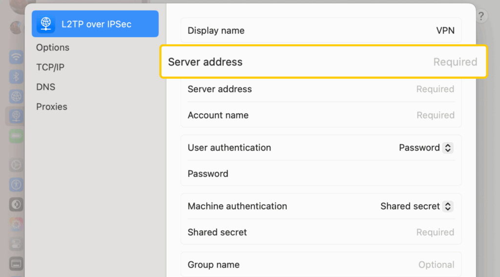 Setting up a VPN server address when creating a new connection on macOS.