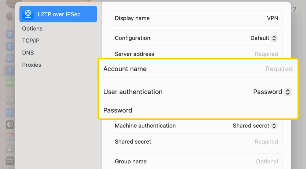 Adding credentials to a new VPN connection on Mac.