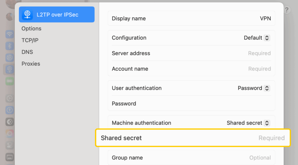 Adding a shared secret to a VPN connection on macOS.