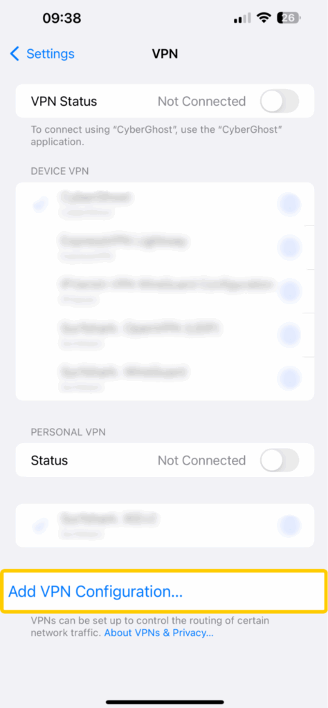 The first step towards creating a new VPN connection on iOS.