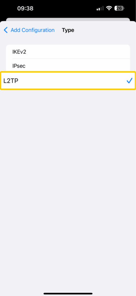 Selecting a VPN connection type while creating a new connection on an iPhone.